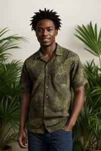 smiling man wearing  hawaii shirt in try on fashion shoot for Zara Shein H&M