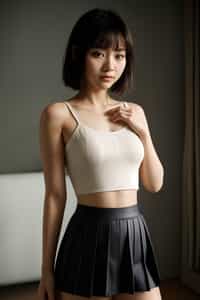 smiling woman wearing crop top and short pleated skirt  in try on fashion shoot for Zara Shein H&M