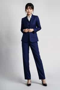 smiling woman wearing navy colopink pants suit  in try on fashion shoot for Zara Shein H&M