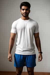 smiling man wearing  t-shirt and gym shorts in try on fashion shoot for Zara Shein H&M