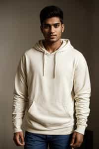 smiling man wearing  cream hoodie in try on fashion shoot for Zara Shein H&M