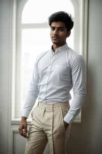 smiling man wearing  white collar shirt in try on fashion shoot for Zara Shein H&M