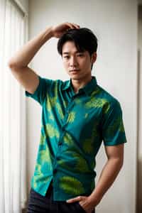 smiling man wearing  hawaii shirt in try on fashion shoot for Zara Shein H&M