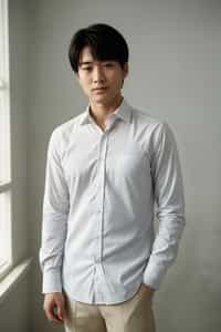 smiling man wearing  white collar shirt in try on fashion shoot for Zara Shein H&M