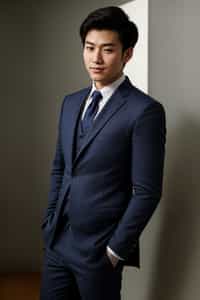 smiling man wearing  navy colored suit in try on fashion shoot for Zara Shein H&M
