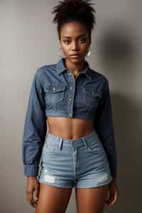 smiling woman wearing crop top and denim shorts  in try on fashion shoot for Zara Shein H&M