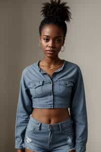 smiling woman wearing crop top and denim shorts  in try on fashion shoot for Zara Shein H&M