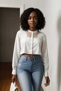 smiling woman wearing white cropped blouse and denim jeans  in try on fashion shoot for Zara Shein H&M