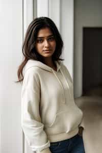smiling woman wearing cropped cream hoodie  in try on fashion shoot for Zara Shein H&M