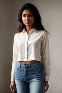 smiling woman wearing white cropped blouse and denim jeans  in try on fashion shoot for Zara Shein H&M