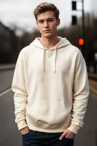 smiling man wearing  cream hoodie in try on fashion shoot for Zara Shein H&M