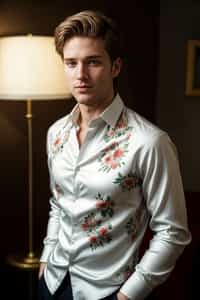 smiling man wearing  floral silk shirt in try on fashion shoot for Zara Shein H&M