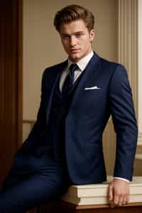 smiling man wearing  navy colored suit in try on fashion shoot for Zara Shein H&M