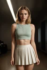 smiling woman wearing crop top and short pleated skirt  in try on fashion shoot for Zara Shein H&M