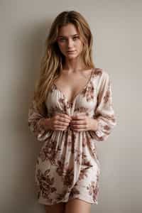smiling woman wearing silk floral dress  in try on fashion shoot for Zara Shein H&M