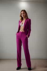 smiling woman wearing navy colopink pants suit  in try on fashion shoot for Zara Shein H&M
