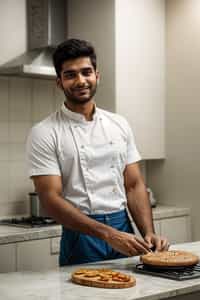 smiling masculine  man cooking or baking in a modern kitchen