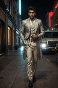 a confident masculine  man dressed in stylish attire, striking a pose in a trendy urban setting