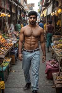 a charismatic masculine  man exploring a vibrant street market, capturing the essence of a cultural experience