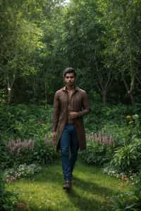 a captivating masculine  man embracing nature, surrounded by lush greenery or blooming flowers in a garden