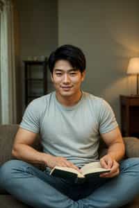 smiling masculine  man reading a book in a cozy home environment