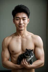 smiling masculine  man posing with a cute pet