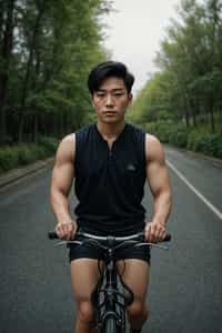 a stylish masculine  man enjoying a leisurely bike ride along a scenic path