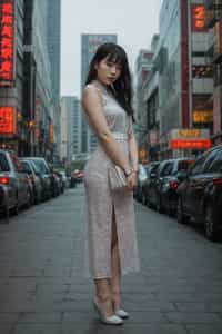 a confident  feminine woman dressed in stylish attire, striking a pose in a trendy urban setting