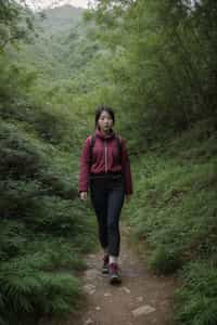 an adventurous  feminine woman hiking in the mountains, enjoying the beauty of nature and the sense of adventure