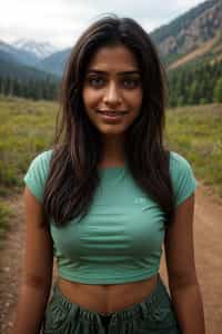 smiling  feminine woman in going hiking outdoors in mountains