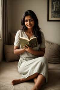 smiling  feminine woman reading a book in a cozy home environment