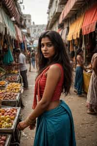 a charismatic  feminine woman exploring a vibrant street market, capturing the essence of a cultural experience