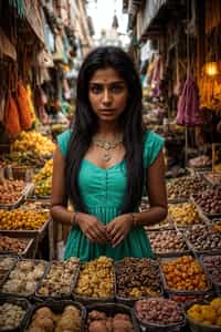 a stylish  feminine woman exploring a vibrant market, interacting with vendors and discovering unique treasures.