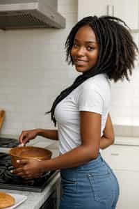 smiling  feminine woman cooking or baking in a modern kitchen