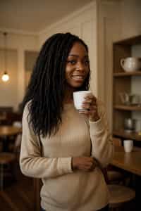 an attractive  feminine woman with a captivating smile, holding a cup of coffee in a cozy cafe