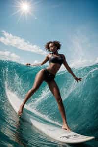 a charming  feminine woman showcasing their adventurous side while participating in water sports like surfing or paddleboarding