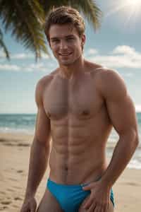 smiling masculine  man in solid color bikini on the beach, wet hair, swimsuit sports illustrated FHM maxim photos