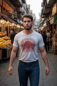 a charismatic masculine  man exploring a vibrant street market, capturing the essence of a cultural experience