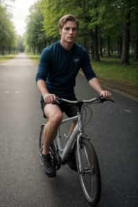 a stylish masculine  man enjoying a leisurely bike ride along a scenic path
