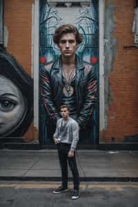 a fashionable masculine  man posing in front of street art, showcasing their unique style and creativity