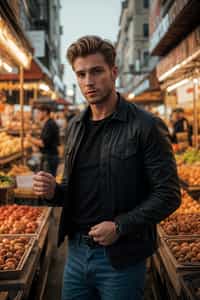 a stylish masculine  man exploring a vibrant market, interacting with vendors and discovering unique treasures.