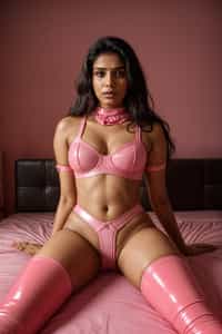 woman in a pink pvc latex lingerie sitting on a bed, heaven pink, hot pink, pink body harness, pink body, pink and black, hot pink and black, olivia kemp, pink background, pink, skye meaker, ellie victoria gale, 🤬 🤮 💕 🎀, casey cooke, posing in a bedroom, laica chrose, wearing a pink head band
