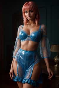 lingerie woman pvc latex masterpiece, best quality, (photorealism), reflections, lingerie, extremely detailed, extremely detailed CG unity 8k wallpaper, cinematic lighting, detailed background, lingerie, 1girl, solo, medium hair, (pink hair), shirt, skirt, detailed clothes, blue skirt, blue shirt, detached sleeves, white shirt, bangs, (blue eyes, detailed eyes), choker, ribbon earrings, detached sleeves, lookng at the viewer, from below,, wait, bedroom