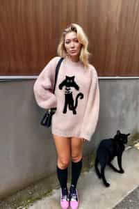 full body frontal photo of woman wearing a pink sweater with a black cat on it, neco arc, cat furry, ffffound, image on the store website, anthropomorphic female cat, fluffy ebay product, anthro cat, pink fluffy fur, fine image on the store website, elokitty, raf simons fashion couture, outrageously fluffy, !!! cat!!!, nyan cat