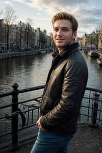 smiling man in Amsterdam with the Amsterdam Canals in background