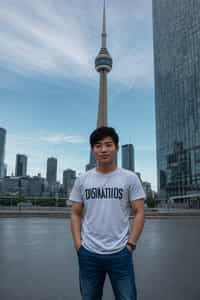 smiling man as digital nomad in Toronto with the CN Tower in the background
