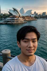 smiling man as digital nomad in Sydney with the Sydney Opera House in the background