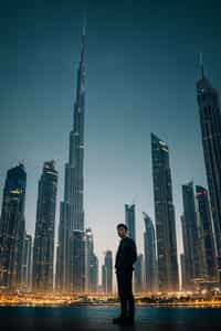 smiling man as digital nomad in Dubai with skyline in background