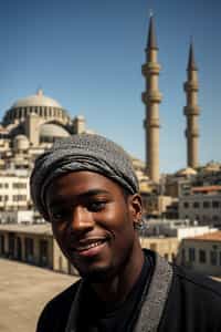 smiling man as digital nomad in Istanbul with The Mosque in background
