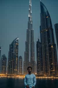 smiling man as digital nomad in Dubai with skyline in background